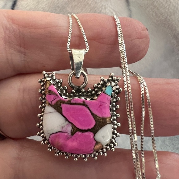 ❤️ Kingman Cotton Candy Turquoise Kitty Cat Western 925 Pendant 17” Necklace - Picture 1 of 13